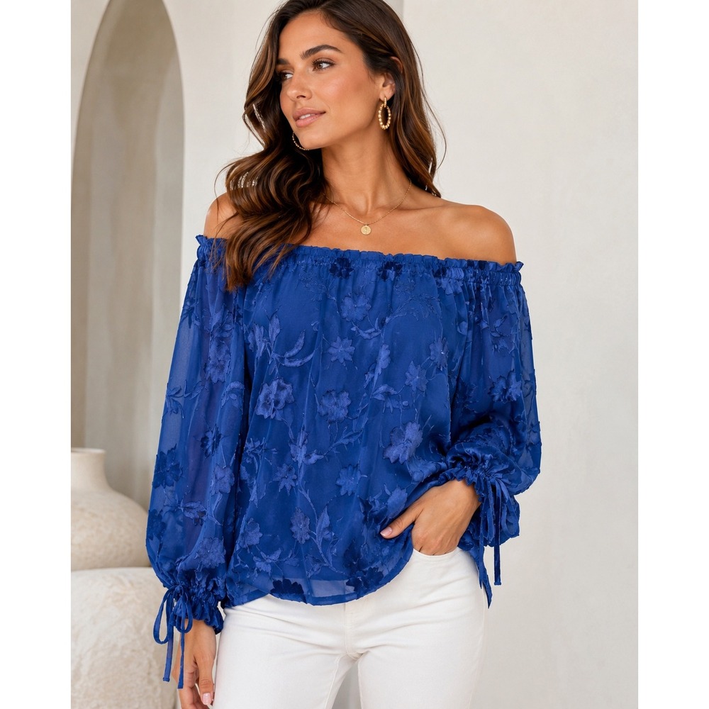 WHBM Silk Blend Burnout Floral Off Shoulder Peasant Blouse Blue Small Boho